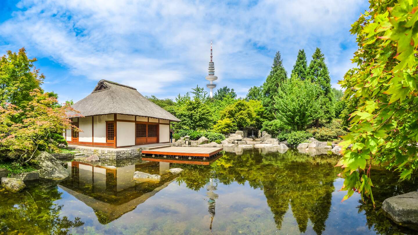 Blick auf den Japanischen Garten im Park Planten und Blomen mit Fernsehturm im Hintergrund | © Gettyimages.com/bluejayphoto