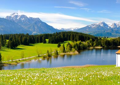 Panorama-Landschaft in Bayern mit Alpen-Gebirge und Hegratsrieder See | © Gettyimages.com/filmfoto