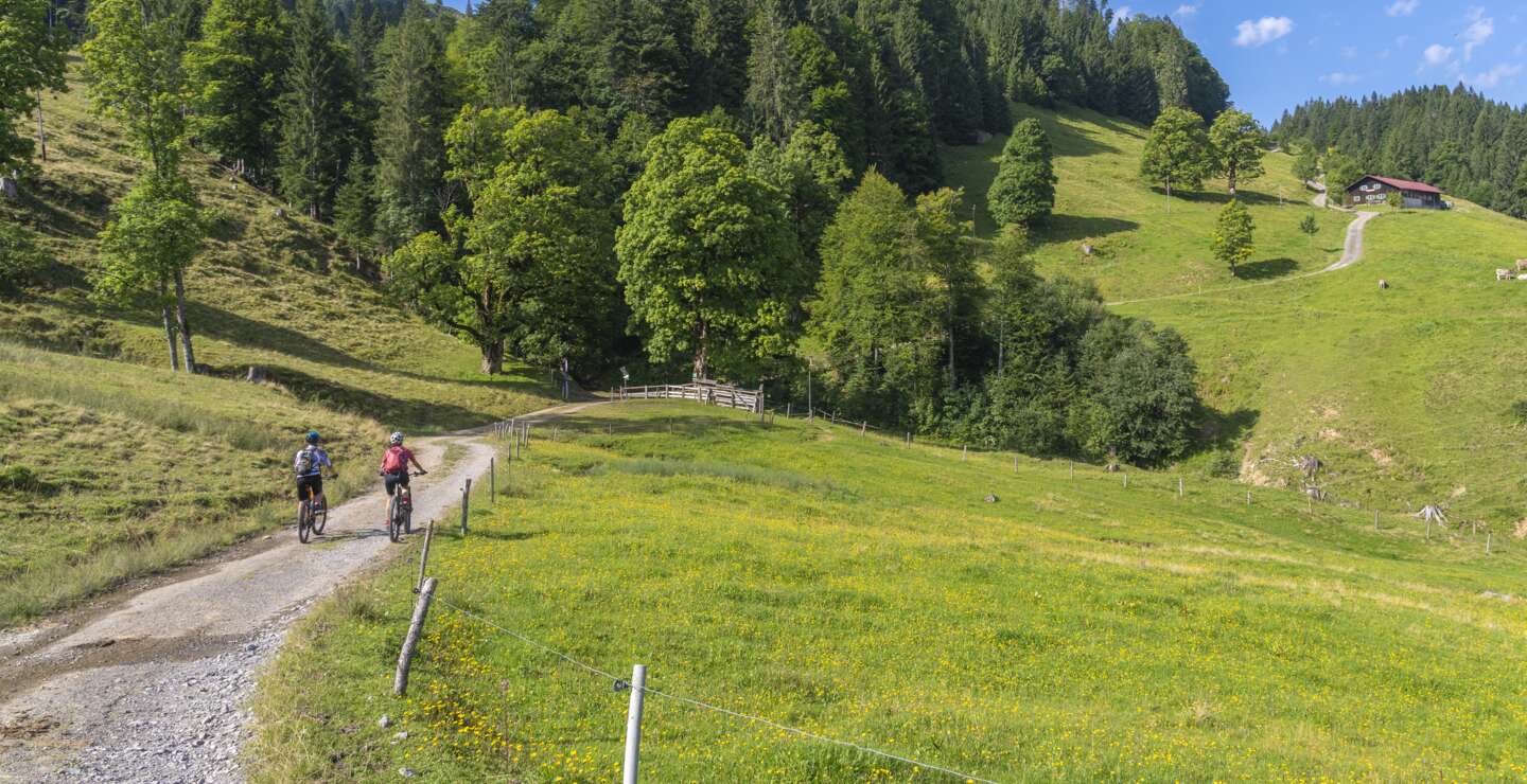 Zwei Personen fahren auf einem Feldweg mit Fahrrädern über die Allgäuer Alpen in Richtung einer Hütte die weiter oben liegt, Bayern, Deutschland | © GettyImages.com/Uwe Moser