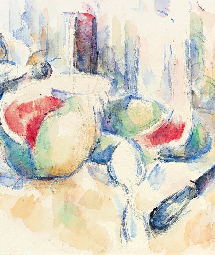 Paul Cezanne, Nature morte avec pastèque entamée, ca. 1900, Aquarell und Bleistift auf Papier, 31.6 x 47.2 cm | © Fondation Beyeler, Riehen/Basel, Sammlung Beyeler