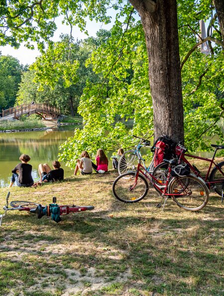 Freunde, die eine Auszeit im Clara Zetkin Park im Sommer in Leipzig machen.  | © Gettyimages.com/Animaflora