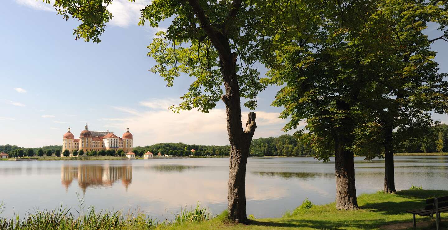 Blick auf das idyllisch an der Elbe gelegenen Schloss Moritzbug in der Nähe von Dresden | © Gettyimages.com/Rolphus
