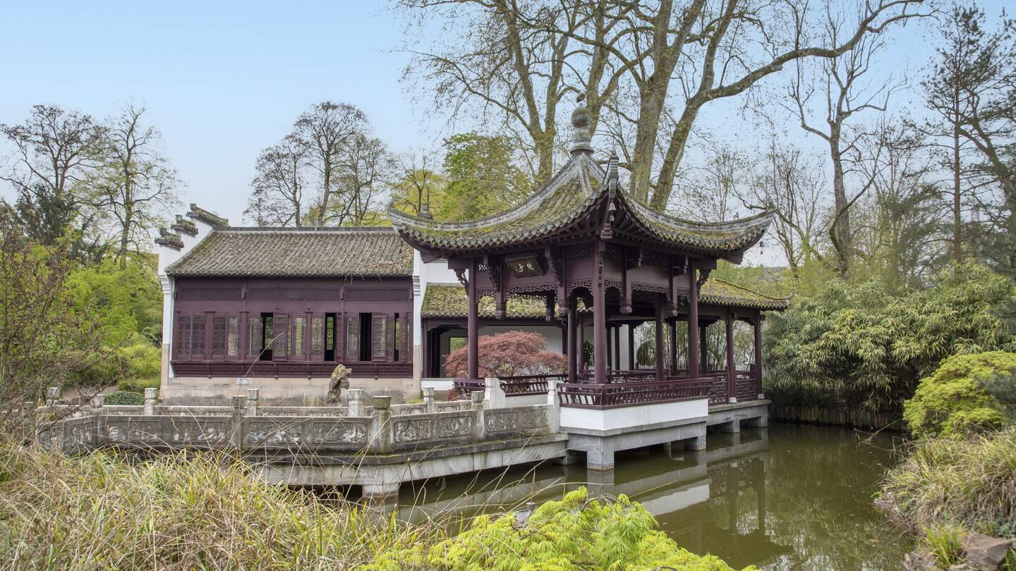 Chinesischer Tempel ueber einem Teich im Bethmannpark in Frankfurt am Main | © Gettyimages.com/travelview
