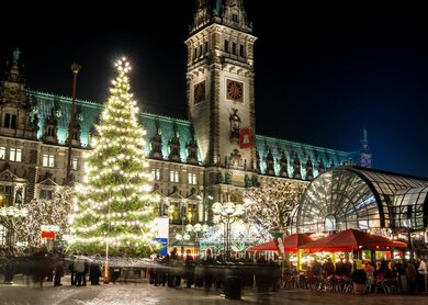 Wunderschoene Beleuchtung am Weihnachtsmarkt in Hamburg vor dem Rathaus | © Gettyimages.com/Nellmac