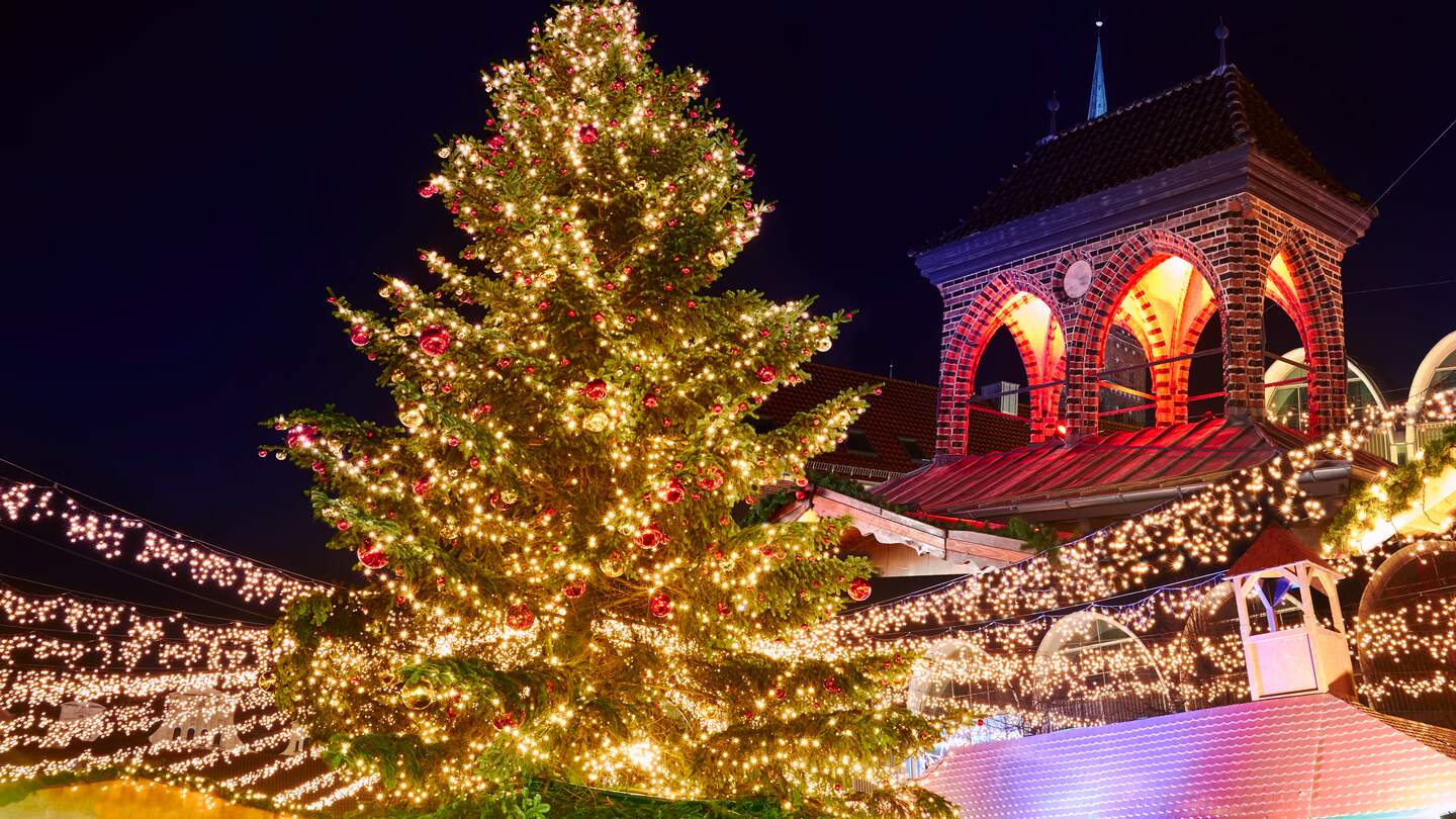 Ein grosser Weihnachtsbaum auf dem Weihnachtsmarkt in Luebeck | © Gettyimages.com/Acnakelsy