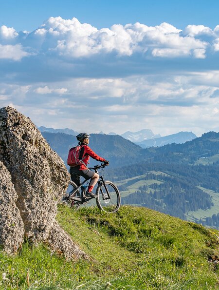 Aktive Seniorin auf einem Elektro-Mountainbike genießt den spektakulären Blick über die Allgäuer Alpen bei Oberstdorf in Bayern | © © Gettyimages.com/Uwe Moser