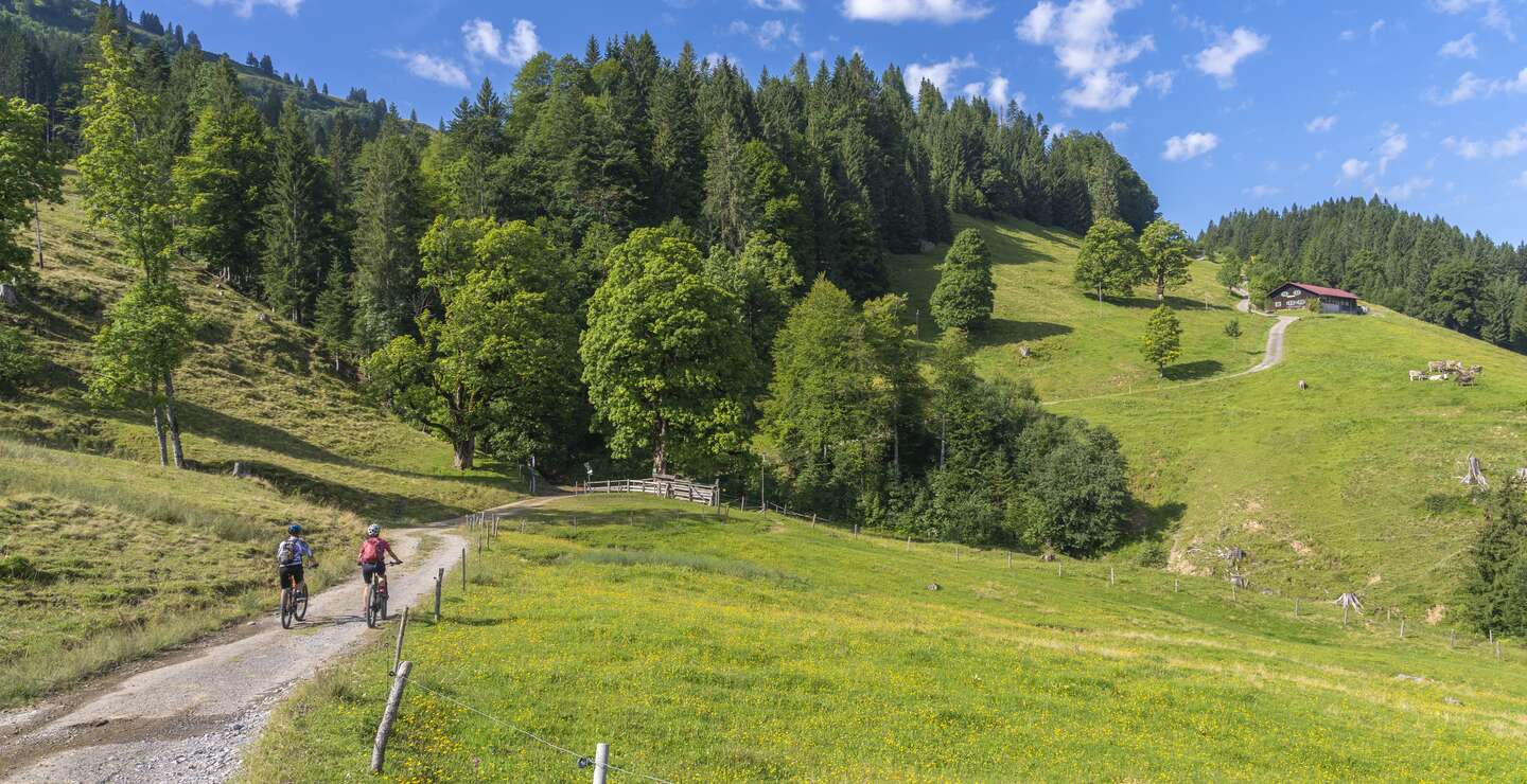 Zwei Personen fahren auf einem Feldweg mit Fahrraedern ueber die Allgaeuer Alpen in Richtung einer Huette die weiter oben liegt, Bayern, Deutschland | © GettyImages.com/Uwe Moser