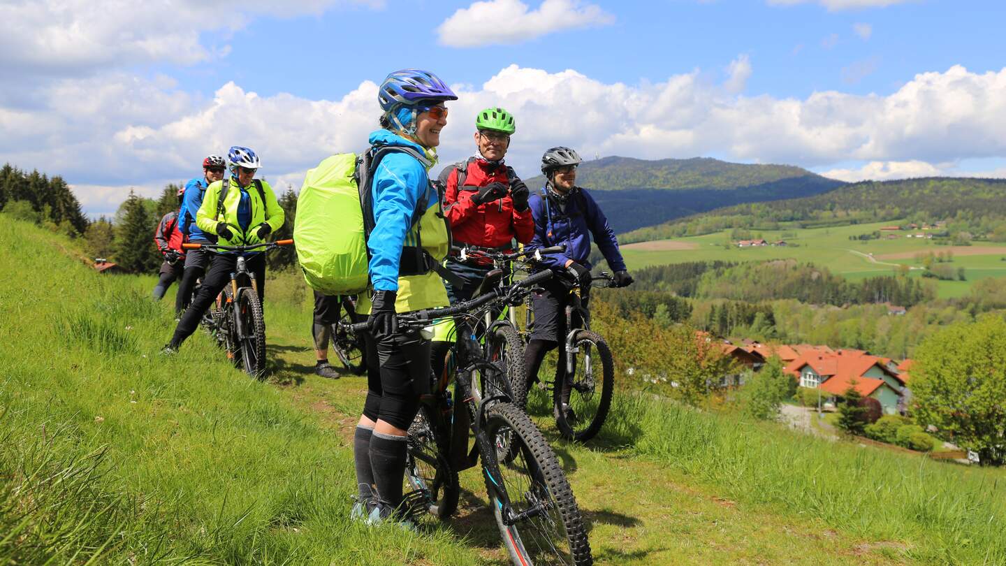 Gruppe von glücklichen Mountainbikern, die auf einem Grasweg im Bayerischen Wald fährt. | © © Gettyimages.com/U. J. Alexander