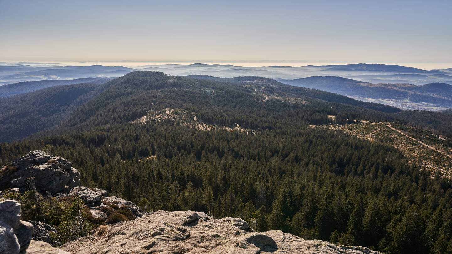 Großer Arber mit Fernsicht und Wald, Berg, Bodenmais, Nationalpark Bayerischer Wald. Nebelschwaden in der Ferne | © Gettyimages.com/dirschl