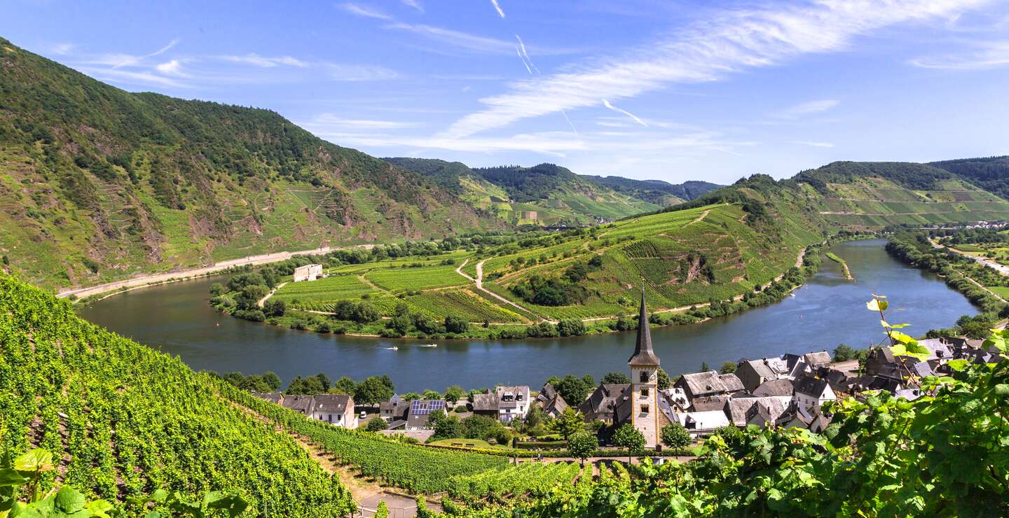 Blick auf Bremm an der Mosel mit Moselschleife mit blauem Himmel, Deutschland | © GettyImages.com/8vFanI