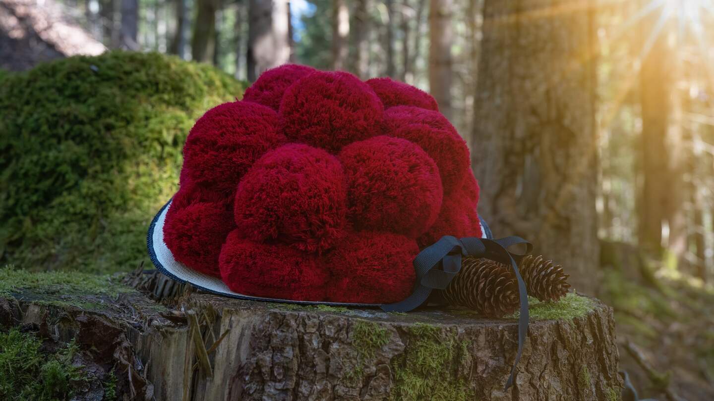 Traditioneller schwarzwaelder Bollenhut in rot mit Tannenzapfen auf einem Baumstumpf im Wald liegend, der von der Sonne leicht beschienen wird | © Gettyimages.com/Corri Seizinger