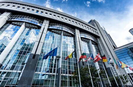 Europaeisches Parlament mit Flaggen in Bruessel | © Gettyimages.com/querbeet