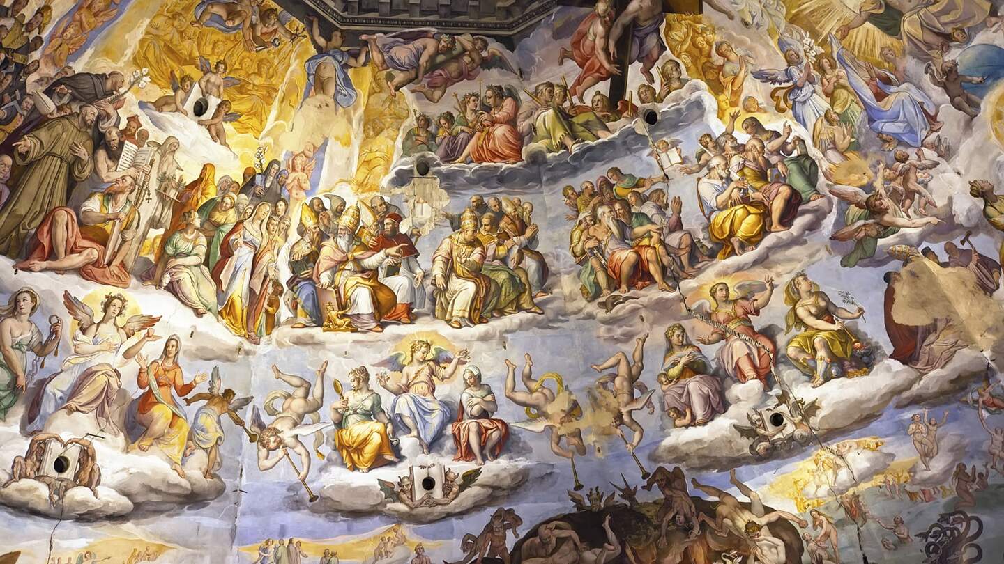 detailreiches und farbenfrohes Fresko im Dom von Florenz. Es zeigt zahlreiche Figuren in verschiedenen Posen, reich an religiöser Ikonographie und von großer historischer Bedeutung als Renaissance-Kunstwerk. | ©  iSailorr / 2016 Thinkstock.