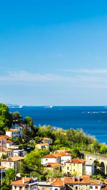 Panoramablick auf die Stadt Triest mit dem Faro della Vittoria, einer Brücke und dem Adriatischen Meer im Hintergrund | © Gettyimages.com/zakaz86