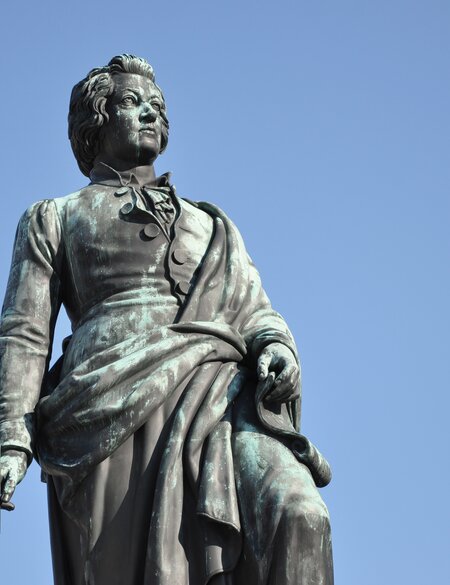 Die Statue des beruehmten Komponisten Wolfgang Amadeus Mozart in Salzburg | © Gettyimages.com/salajean