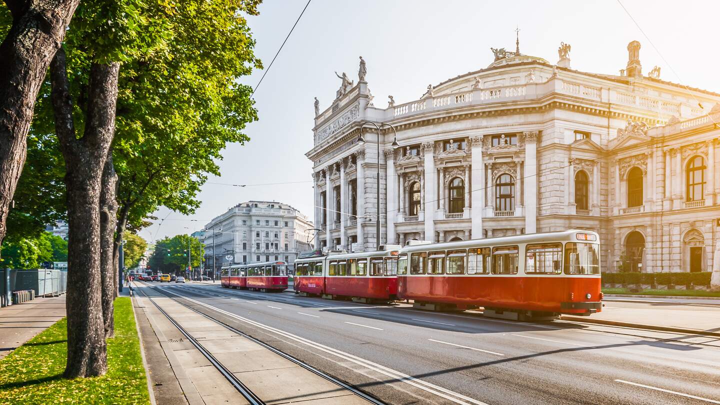 Wiener Ringstrasse, Burgtheater und Strassenbahn bei Sonnenaufgang | © Gettyimages.com/bluejayphoto