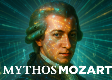 Logo zur Attraktion Mythos Mozart in Wien in Österreich mit einem Bildnis von Wolfgang Amadeus Mozart | © Mythos Mozart