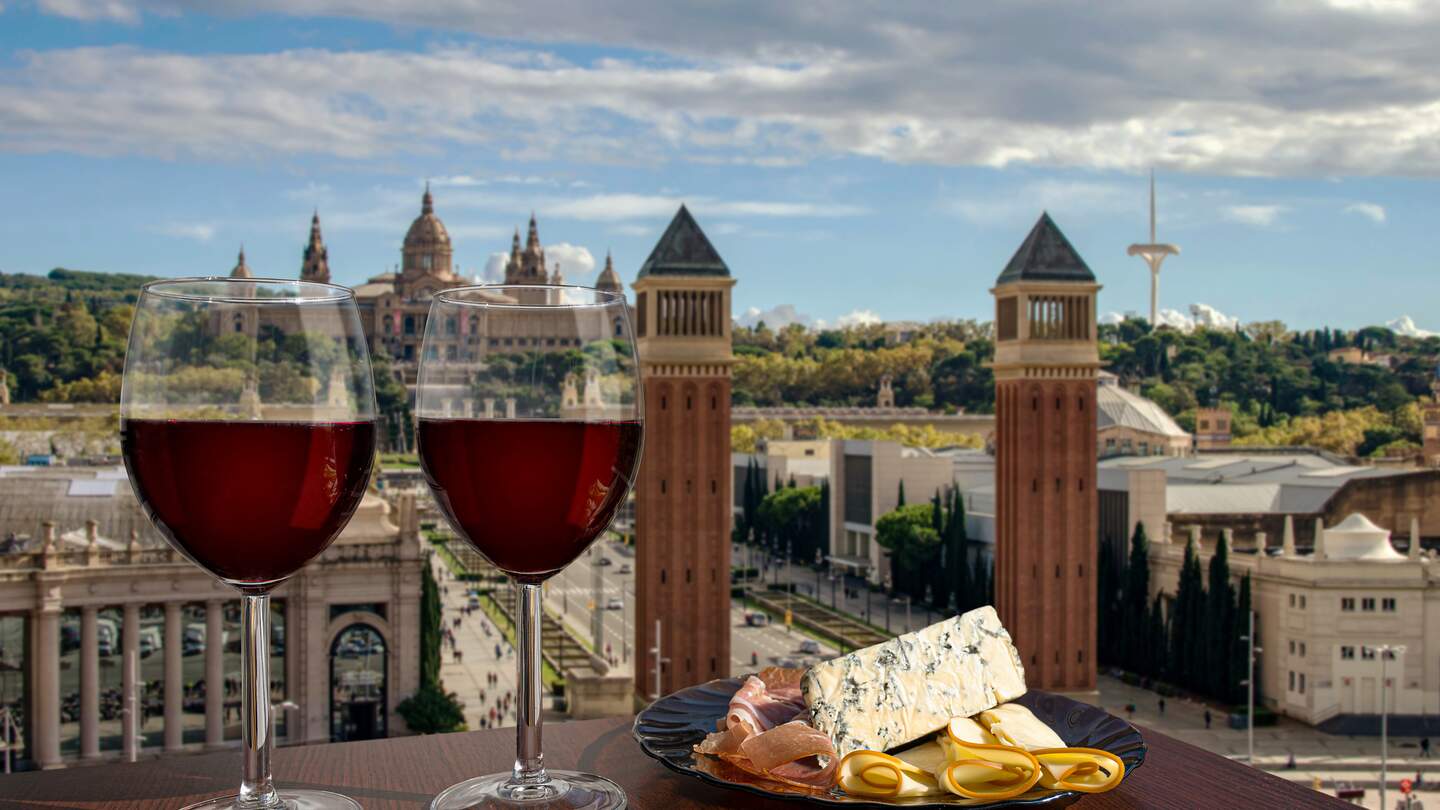Zwei Glaeser Wein mit Fleisch- und Kaesesnacks gegen den Spanischen Platz in Barcelona | © MariaVonotna