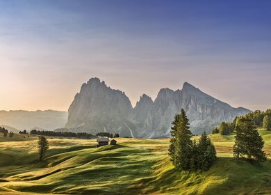 Alpe di Siusi Sonnenaufgang mit Langkofel oder Langkofel Berggruppe im Hintergrund | © Gettyimages.com/dietermeyrl