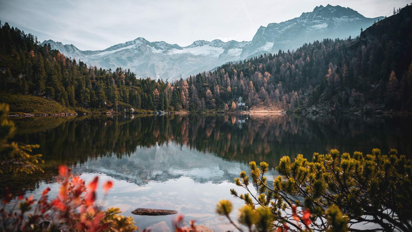 Herbstlich verfärbte Bäume spiegeln sich im ruhigen Wasser des Reedsees, umgeben von idyllischer Berglandschaft in den österreichenischen Alpen. | © Gettyimages.com/EyeEm Mobile GmbH