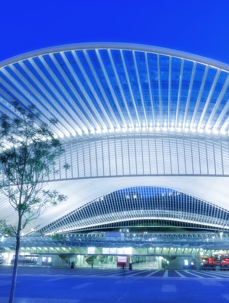 futuristischer Bahnhof von Lüttich in Belgien beleuchtet bei Nacht | © gettyimages.com/Bim