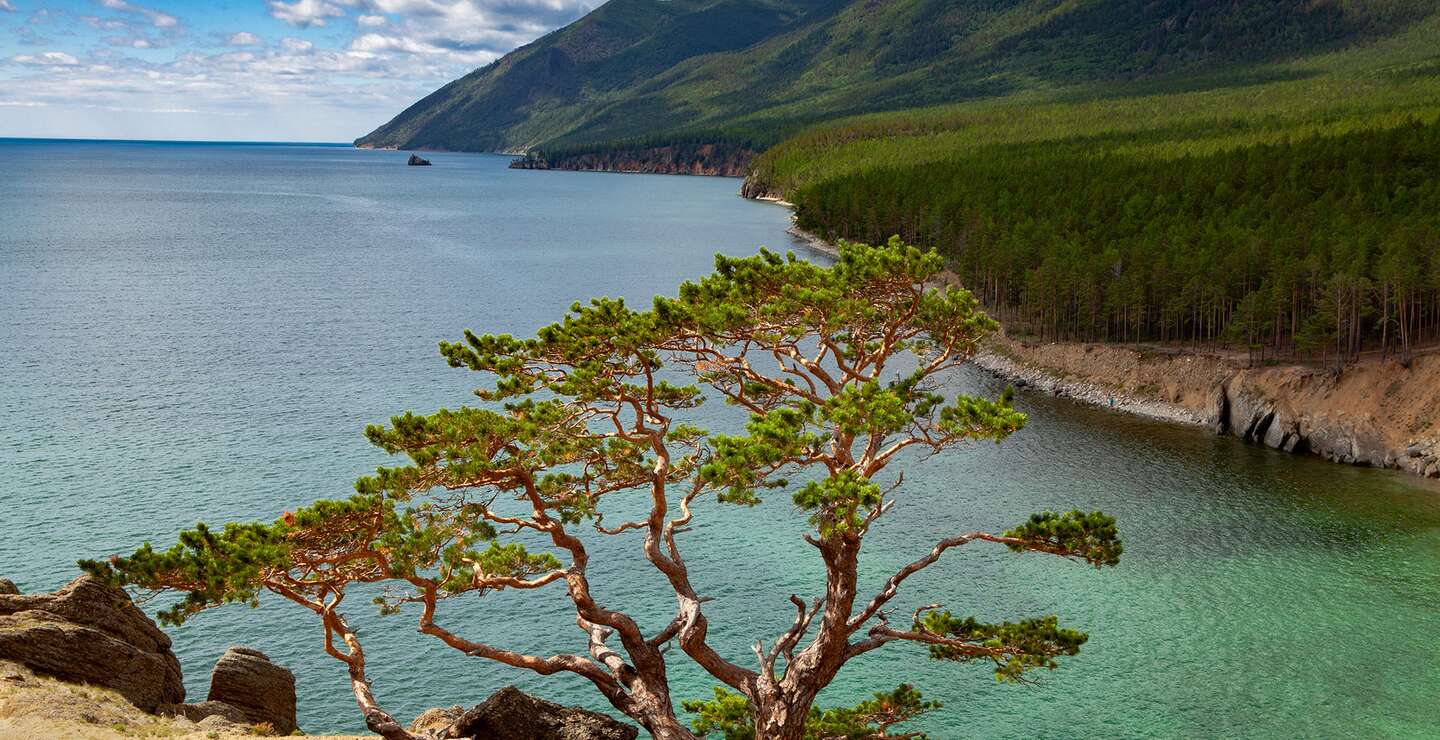 Baikalsee mit klarem blauem Wasser, umgeben von einem dichten Wald und einer Bergkette im Hintergrund | © gettyimages.com/ALEXEY AVDEEV