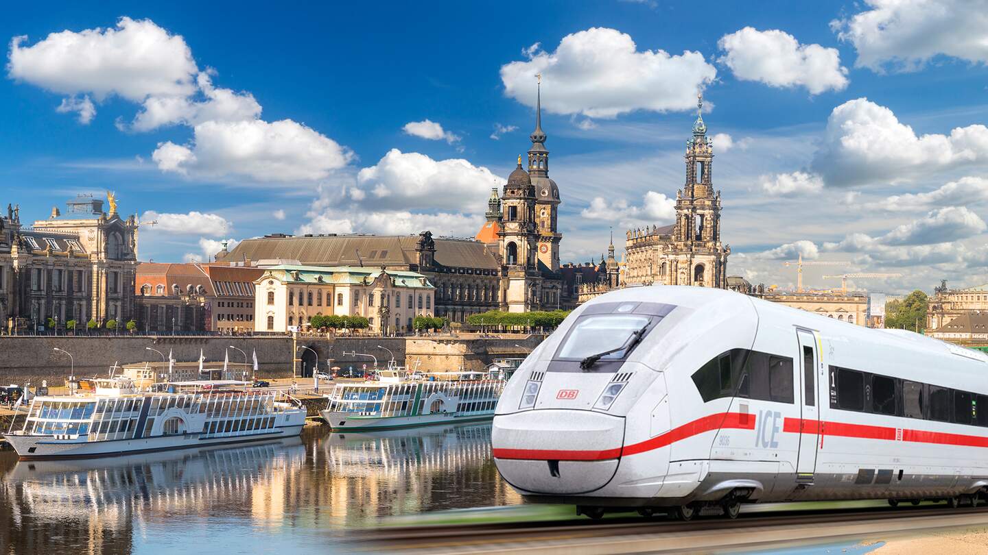 Ameropa Days Hotel+Bahn Angebote Festpreis | © Dresden: Gettyimages.com/MikeMareen © ICE: Deutsche Bahn AG/Frank Barteld