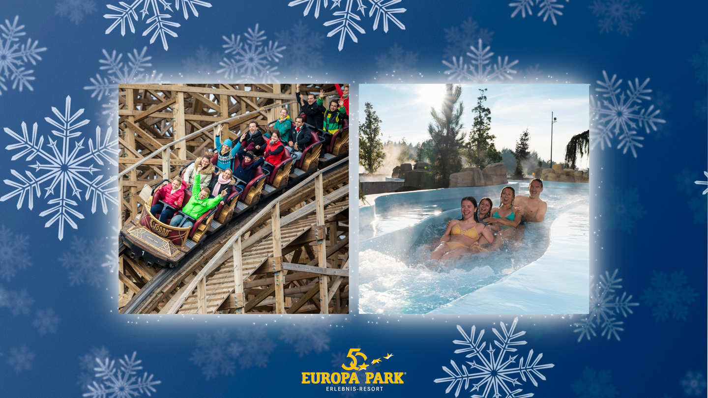 Zwei nebeneinander angeordnete Fotos vor blauem Hintergrund mit Schneeflocken: links eine Holzachterbahn mit mehreren Wagen voller Menschen, die eine steile Kurve hinunterfahren; rechts vier Personen in Badebekleidung auf einem breiten Wasserkanal in einem Freizeitpark, umgeben von Felsen, Bäumen und Wasserdampf. Unten das gelbe Logo ‚Europa-Park Erlebnis-Resort‘. | © Europa-Park
