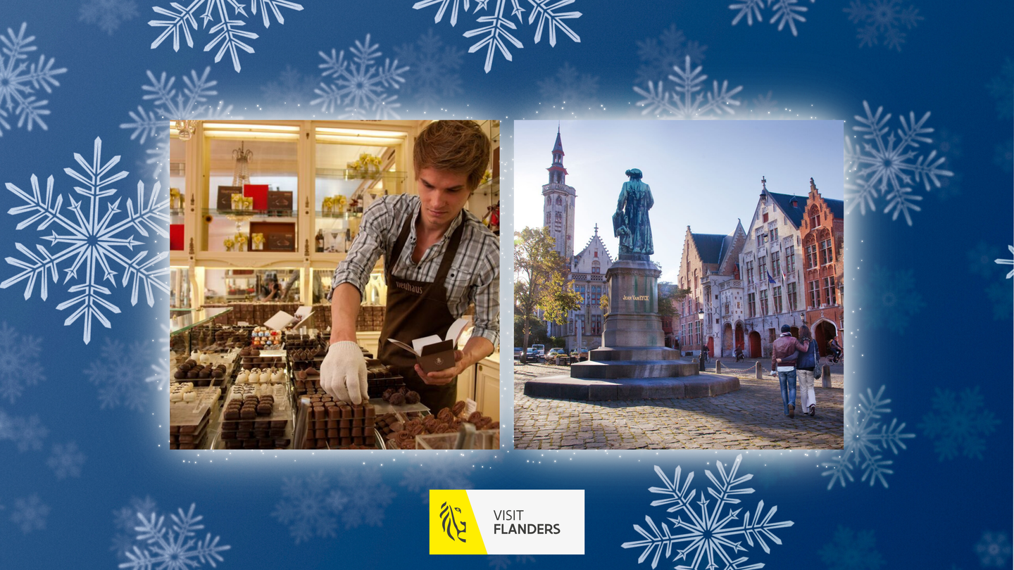 Zwei nebeneinander angeordnete Fotos vor blauem Hintergrund mit Schneeflocken: links eine Person in einer Pralinenboutique, die Schokoladenpralinen aus einer Auslage in eine Schachtel legt, umgeben von Regalen mit weiteren Süßwaren; rechts eine historische Platzszene in Brügge mit Kopfsteinpflaster, einem großen Denkmal in der Mitte und dahinter prächtigen Giebelhäusern sowie einem Kirchturm. Unten das Logo ‚Visit Flanders‘ und ein Copyright-Hinweis. | © Pralinen © Pieter Heremans; Brügge © Jan D´Hondt