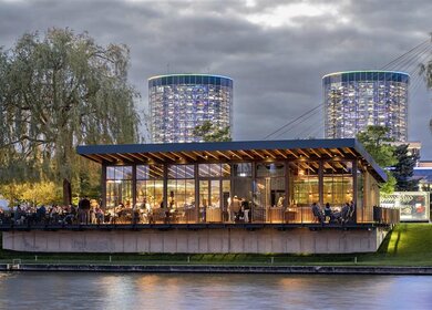 Das Restaurant Mondo Italiano in der Autostadt Wolfsburg in Abendstimmung | © Sonstiges