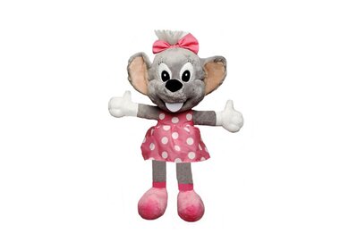  Plüschtier in Form von fröhlicher weiblicher, grauer Maus in rosa Kleid mit großen Ohren, ausgebreiteten Arme und einem lächelnden Gesicht.  | © Europa-Park