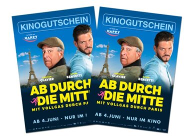 Zwei Männer stehen im Vordergrund und haben einen verwirrten und bösen Gesichtsausdruck. Im Hintergrund ist blauer Himmel und man kann den Eiffelturm sehen. | © Happy Entertainment