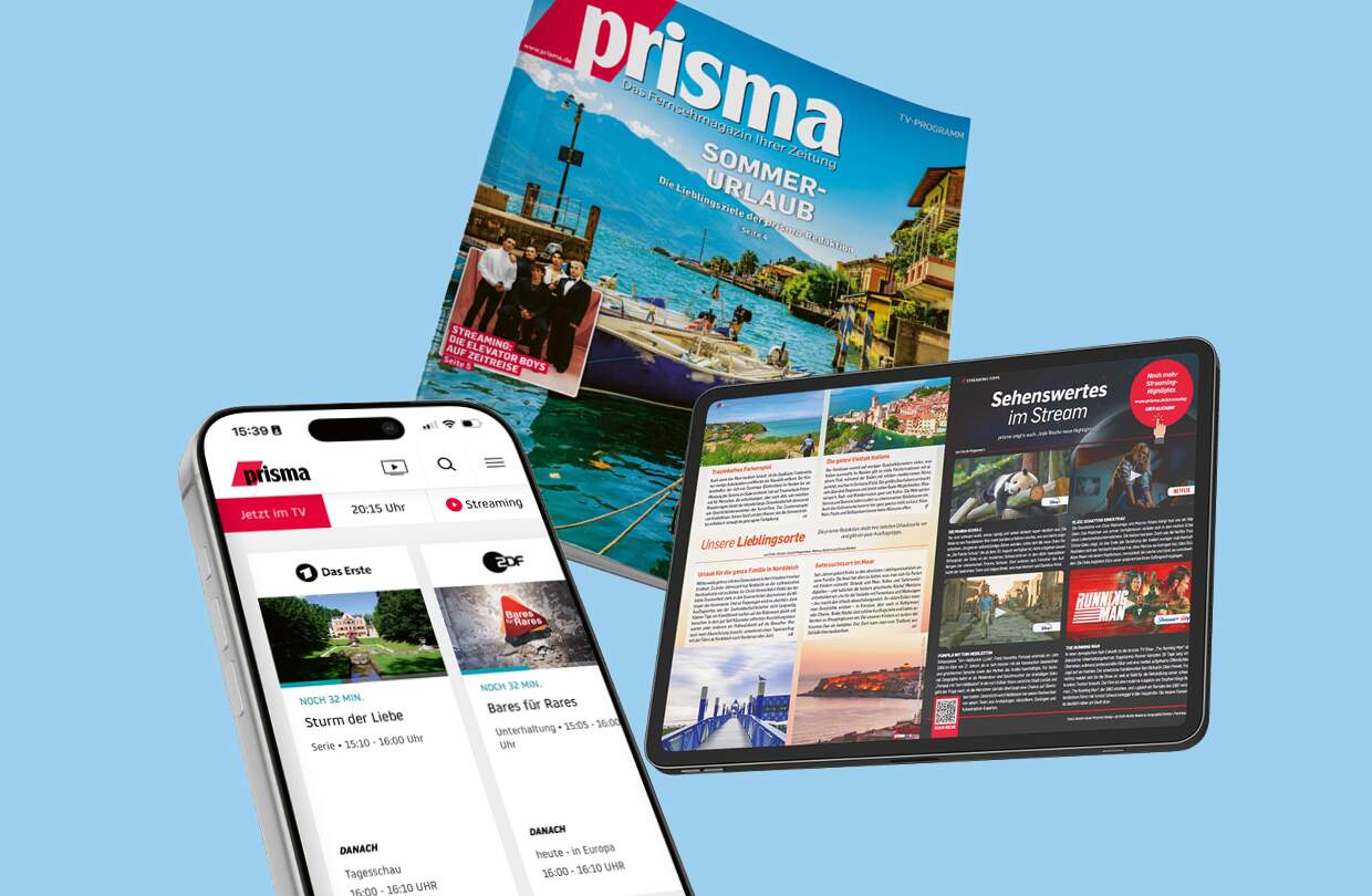 Das Magazin Prisma wird in drei Darstellungen gezeigt, als Druckausgabe, als Ausgabe auf dem Smartphone und als Ausgabe auf dem Tablet | © PRISMA-Verlag GmbH