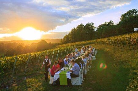Dinnertafel mit Gaesten und Kellner in Mitten eines Thueringer Weinguts | © Melf Mäder, Thüringer Tourismus GmbH