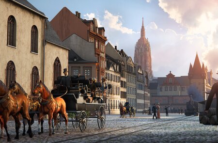 Virtuelle Ansicht vom einer Kutschfahrt durch das alte Frankfurt auf der Höhe der Leonhardskirche | © TimeRide GmbH