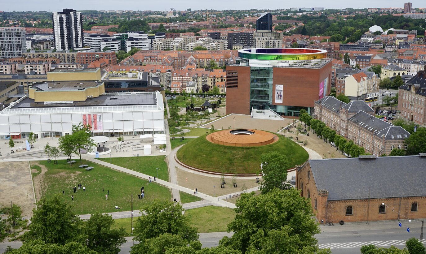 Luftaufnahme des Kulturviertels in Aarhus mit ARoS-Museum, Parkflächen und moderner Architektur. | © Mathilde Hobolt Mortensen