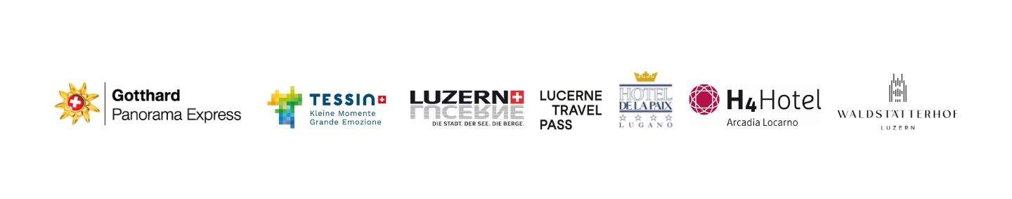 Gewinnspiel Partner Logos: Tessin Tourismus, Luzern Tourismus, Hotel Waldstätterhof Luzern, Hotel de la Paix, Hotel H4 Arcardia, Gotthard Panorama Express | © Ameropa-Reisen GmbH