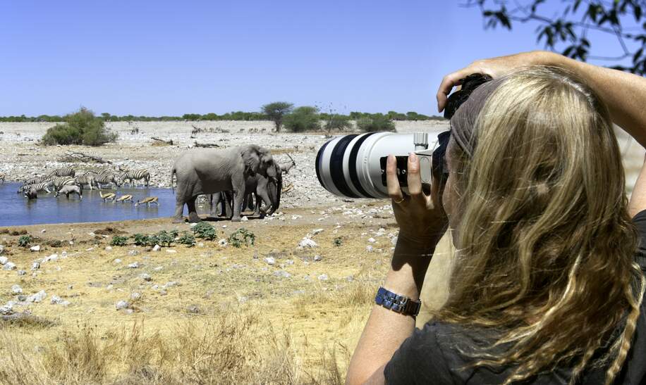 Fotografin, die ein Bild an einem Wasserloch im Etosha-Nationalpark in Namibia  während einer Reise im African Explorer aufnimmt. | ©  Gettyimages.com/nicolamargaret