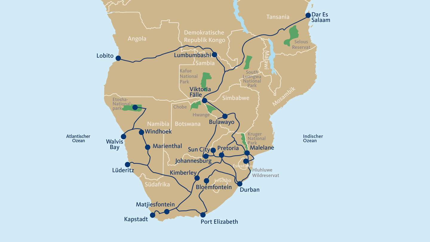 Übersicht Streckenplan für Bahn-Erlebnisreisen im Rovos Rail | © Ameropa-Reisen GmbH