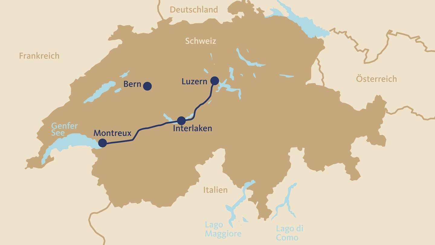 Karte mit dem Streckenverlauf der GoldenPass Linie von Luzern nach Montreux | © Ameropa-Reisen GmbH