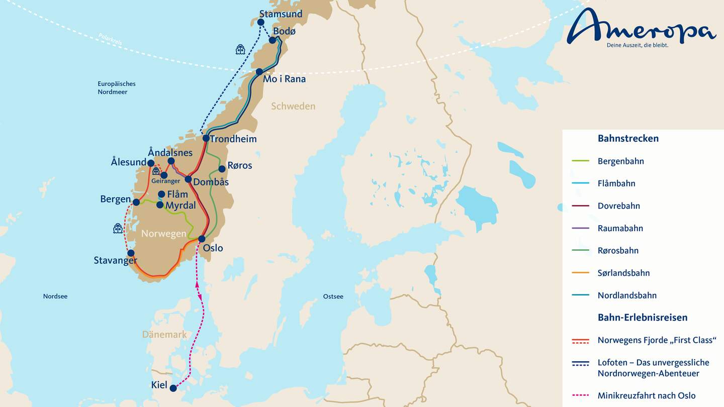 Streckenplan der Bahn-Erlebnisreisen-Routen in Norwegen | © Ameropa Reisen GmbH