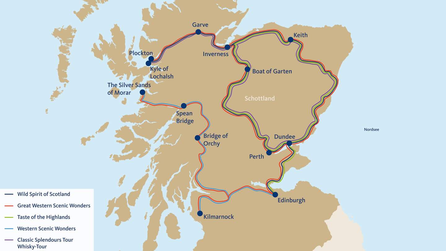 Routenverlauf der Bahn-Erlebnisreisen im Royal Scotsman | © Ameropa-Reisen GmbH