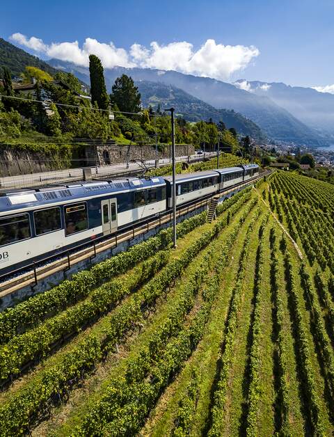 Die GoldenPass Line fährt durch die Weinberge in der Schweiz.  | © © VALENTIN FLAURAUD / VFPIX.COM