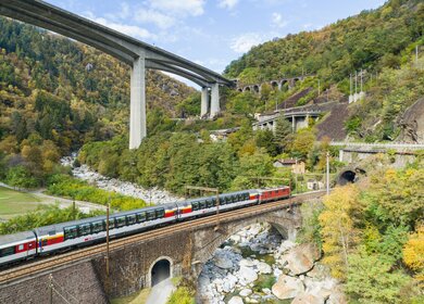 Gotthard Panorama Express fährt zu einem Bergtunnel in Biaschina in der Schweiz. | © © SBB / Dario Haeusermann