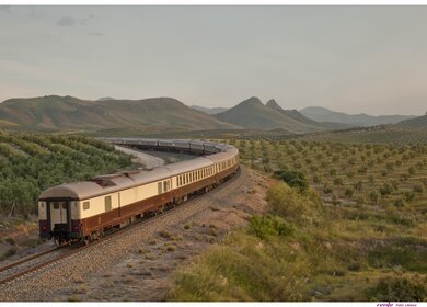 Der El Tren al Andalus auf den Schienen in einer grünen Steppenlandschaft in Andalusien. | ©  1999 Adobe Systems Incoporated/Renfe