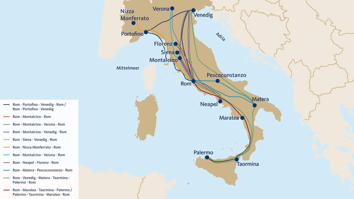 Übersicht Streckenplan für Bahn-Erlebnisreisen im La Dolce Vita Orient Express | © Ameropa-Reisen GmbH