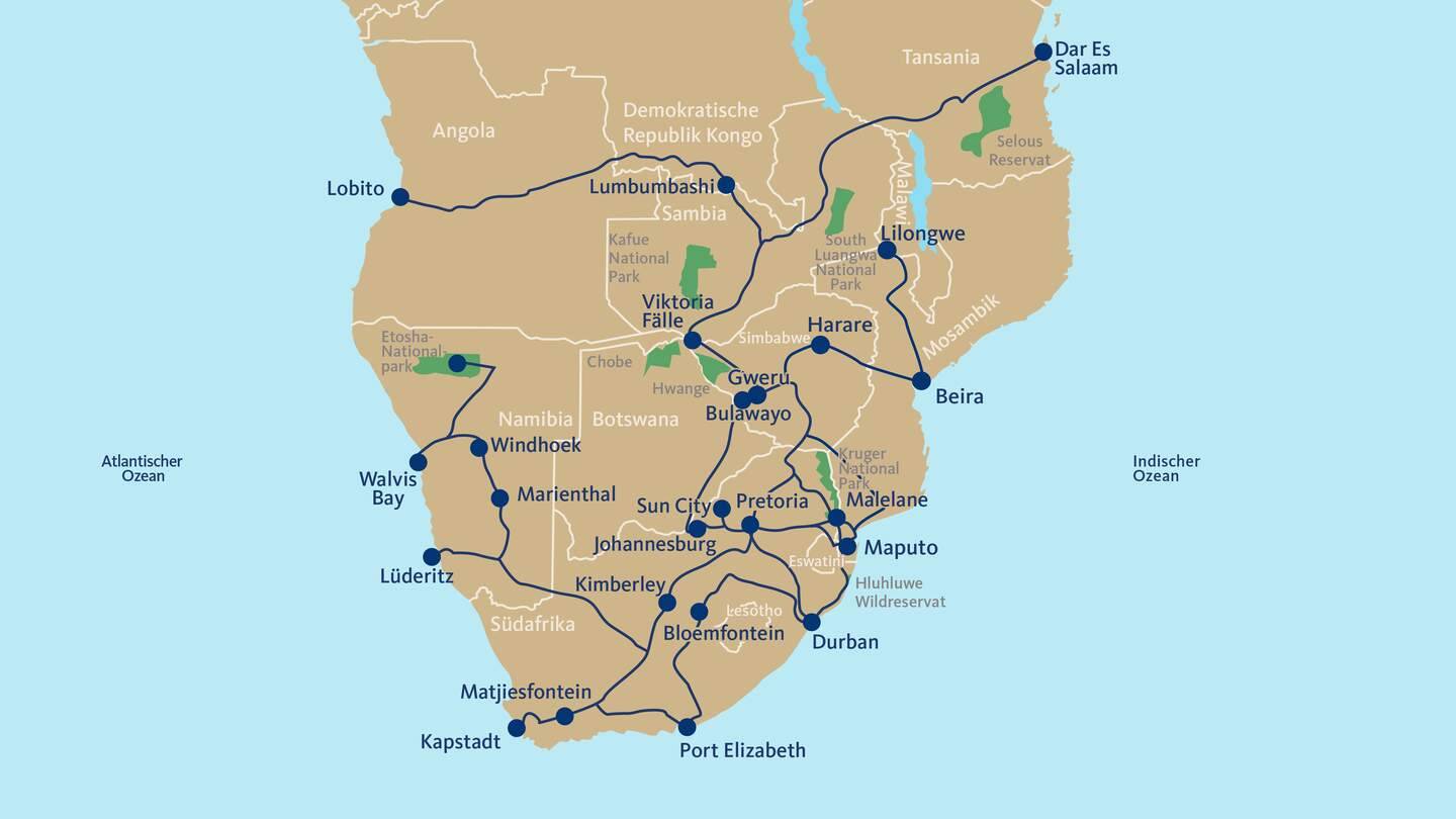 Übersicht Streckenplan für Bahn-Erlebnisreisen im Rovos Rail | © Ameropa-Reisen GmbH