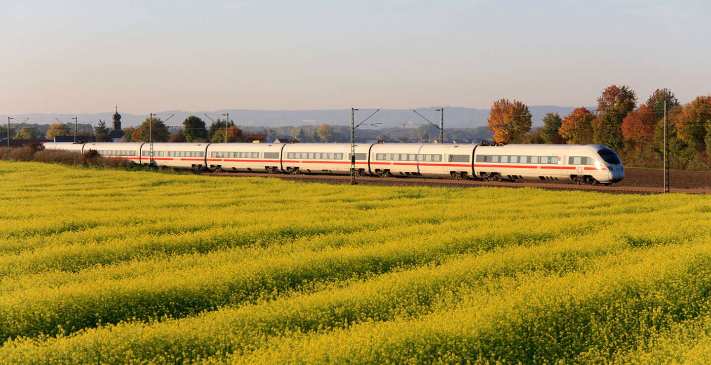  einen modernen Hochgeschwindigkeitszug, der durch ein leuchtend gelbes Feld fährt, unter einem klaren blauen Himmel | © Deutsche Bahn AG