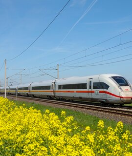 ICE auf einer Bahnstrecke durch ein Rapsfeld | © Deutsche Bahn AG / Jochen Schmidt