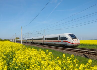 ICE auf einer Bahnstrecke durch ein Rapsfeld | © Deutsche Bahn AG / Jochen Schmidt